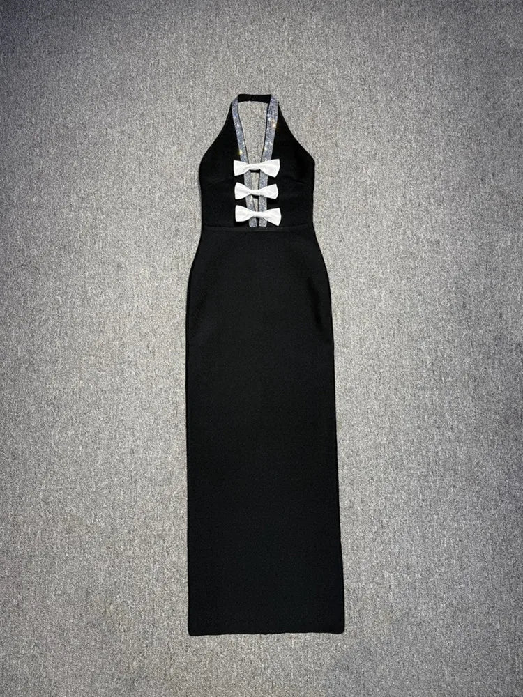 Halter Bow Tie Black Midi Dress