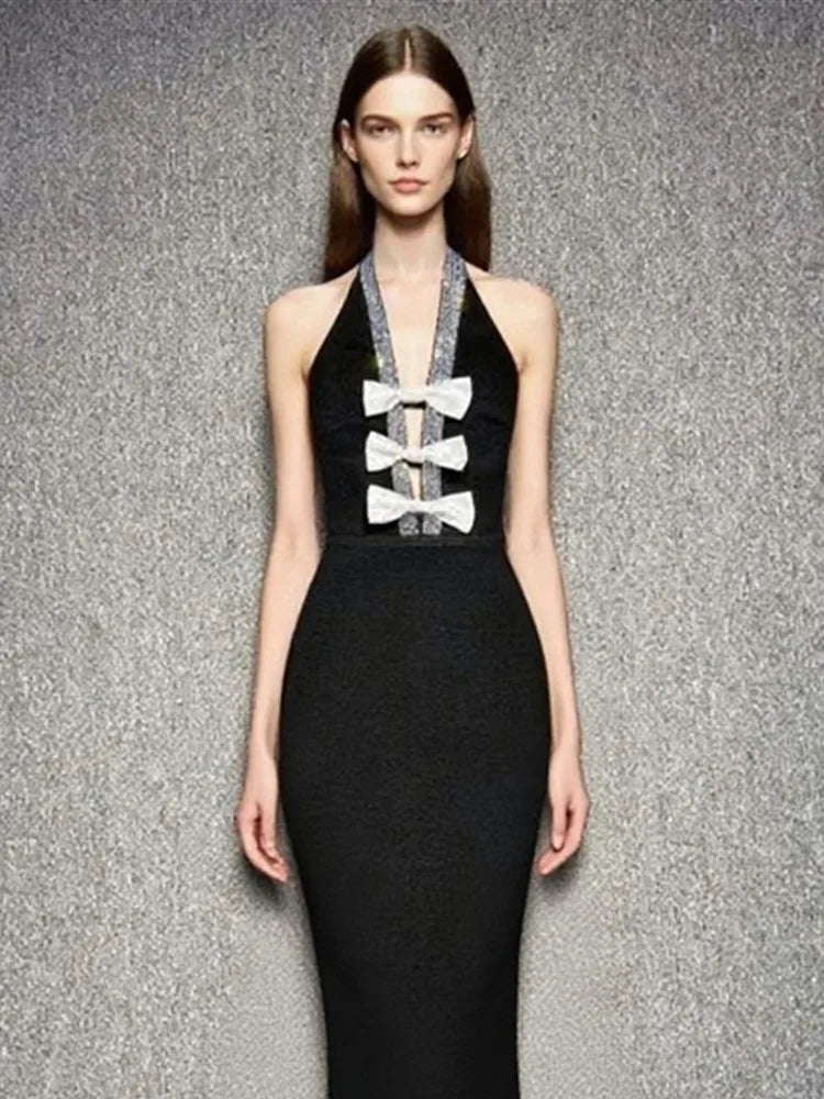 Halter Bow Tie Black Midi Dress