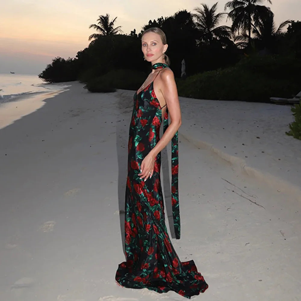 Floral Print V Neck Scarf Draped Dress