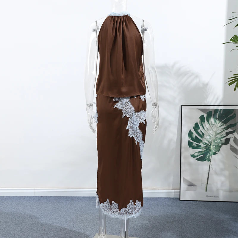 Elegant Lace Patchwork Vest Skirt Set